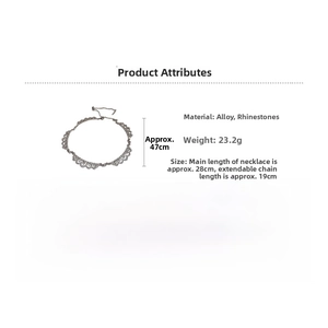 Detailed view of rhinestone lace geometric necklace with size 47cm and 23.2g weight specs