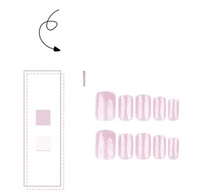Detail of pink-purple glitter press-on nails set with medium short square shape finish