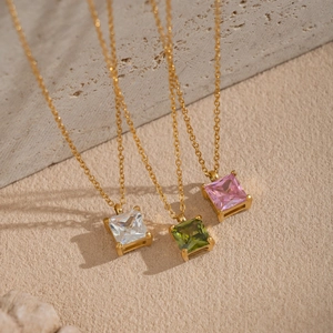 Square zircon titanium steel necklace in gold with white, green, and pink stone options