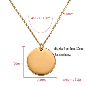 Polished gold round pendant necklace in stainless steel with detailed dimensions and specs