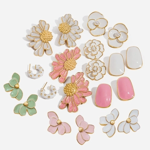 Flower Stud Earrings 18K Gold Plated Stainless Steel Enamel Floral Sweet Romantic Waterproof Hypoallergenic Jewelry For Women