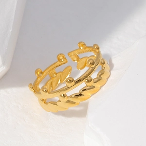 Minimalist 18k gold adjustable double layer crown ring on white geometric stone