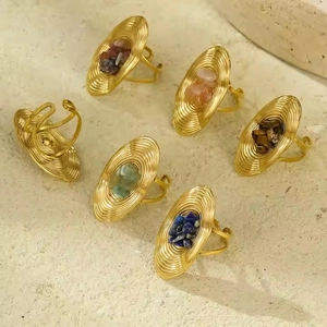 Vintage stainless steel gold rings with oval spiral design and colorful inlaid stones
