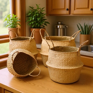Woven Seagrass Belly Basket Foldable Storage Bin With Handles For Planter Cover Laundry Toy Organizer Handcrafted Natural