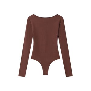 Detailed flat lay of a brown ribbed knit bodysuit featuring a deep U-neck and long sleeves