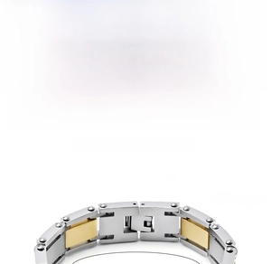 Macro detail of two-tone titanium steel bracelet showing rivet joints and polished finish