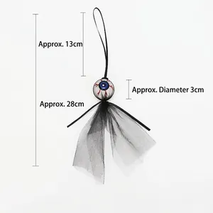 Halloween eyeball hanging decor with red veins and black mesh veil, 28cm total length