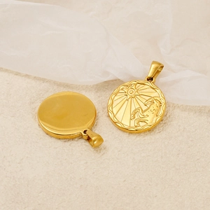 Macro shot of gold circular pendant featuring embossed sun and horse on stainless steel
