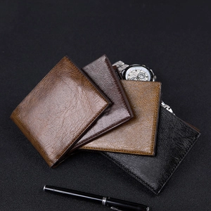 Classic men's genuine leather wallets in four colors displayed on a black background