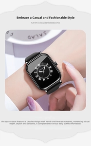 Close-up of a women's square quartz watch with black silicone strap and Roman numerals