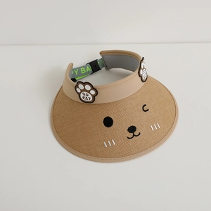 Kids empty top straw sun hat featuring a cute cat face embroidery and khaki woven brim