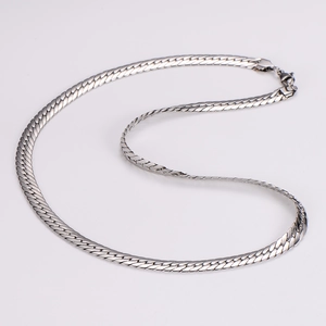 Detailed view of silver flat snake chain texture with a secure lobster clasp