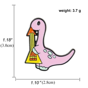 Detailed view showing dimensions of pink dinosaur enamel pin with instrument