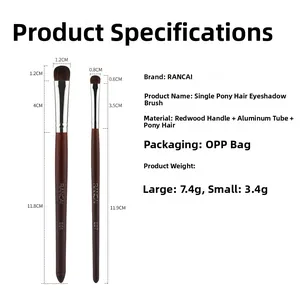 Detail view of pony hair eyeshadow brushes with precise dimension markings and mahogany handles
