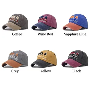 Vintage washed cotton USA embroidery baseball caps in six assorted contrast colors