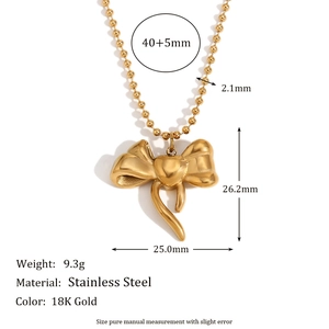 18K gold-plated stainless steel necklace with 3D bow heart pendant on ball bead chain