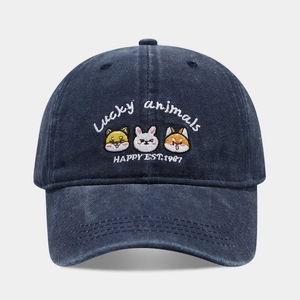 Classic denim baseball cap in navy blue with lucky animals embroidery for men and women