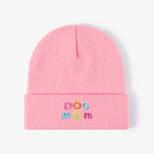 Pink knit beanie for women with colorful Dog Mom embroidery on a ribbed fold-over cuff