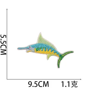 Detailed macro view of swordfish embroidery patch with 9.5cm length and 5.5cm height