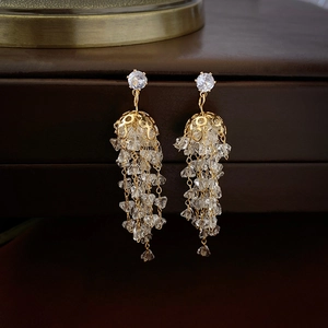 Boucles D'oreilles Pendantes À Franges En Zircon Avec Tige En Argent Sterling 925 Cuivre Plaqué Or Pour Femmes