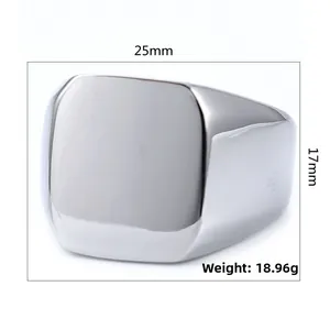 Detailed view of square polished stainless steel signet ring with dimensions 25x17mm