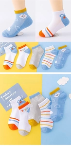 Detailed macro view of 5-pack breathable mesh cotton socks with cartoon bear patterns