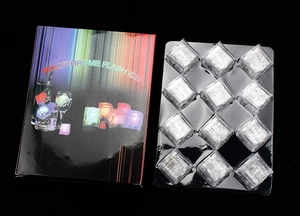 Detailed set of 12 LED glowing ice cubes with colorful flash light in a branded retail box