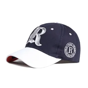 Classic navy and white baseball cap with silver 3D embroidered letter R and side patch