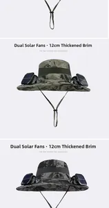 Detail of outdoor camo sun hat featuring dual solar fans and 12cm thickened wide brim