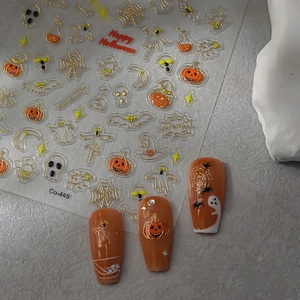 5D embossed Halloween nail art stickers with spider webs, ghosts and pumpkin motifs