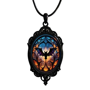 Gothic vintage black bat necklace with stained glass style pendant on a black cord