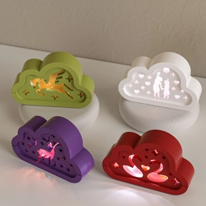 Cloud-shaped hollow silhouette night light with LED resin deer and celestial patterns