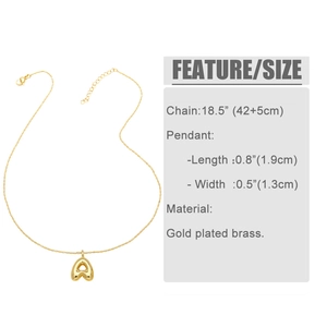 Detail showing gold plated brass necklace chain length and pendant size dimensions