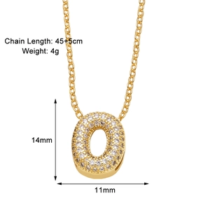 Detail showing gold 45+5cm necklace with 14x11mm zircon paved oval letter pendant