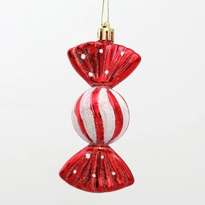 Adorno navideño de bastón de caramelo rojo y blanco con purpurina y cordón dorado en blanco