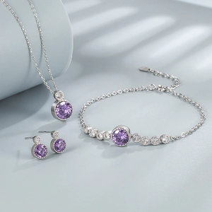Elegant S925 sterling silver jewelry set with purple zircon necklace, bracelet and earrings