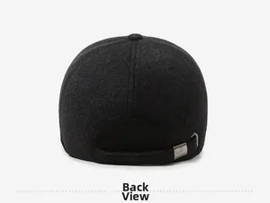 Detailed back view of wool blend flat cap featuring adjustable metal buckle and warm texture