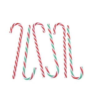 Set of 6 red white and green striped acrylic candy cane hanging ornaments for Christmas