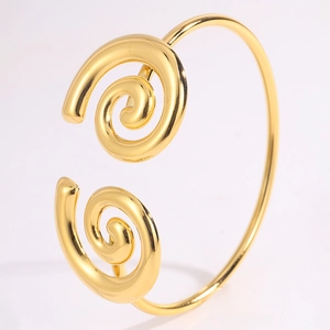 Chinese style golden spiral titanium steel open bangle with polished metallic finish