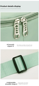 Detail of mint green nylon gym bag featuring dual metal zippers and adjustable strap buckle