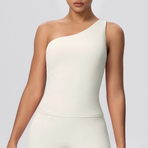 Detail of off-white one-shoulder sports bra with seamless double-sided brushed fabric