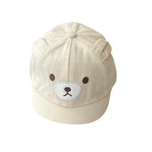 Cute beige baby baseball cap with 3D bear ears and cartoon embroidery on cotton fabric