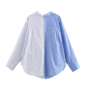 Women's casual striped poplin shirt with patchwork design and lapel collar in blue and white