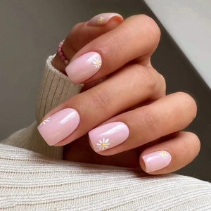Daisy Press On Nails Pink Short Square Full Cover Sweet Flower False Nails DIY Manicure