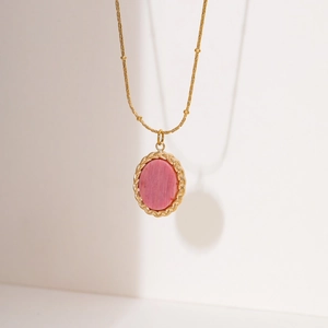 18K gold plated titanium necklace featuring an oval pink natural stone pendant