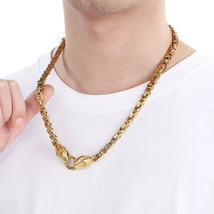 Gold Byzantine chain necklace for men with double snake head clasps in stainless steel