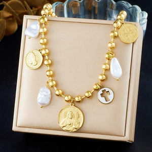 Gold-plated stainless steel pearl necklace featuring religious cross and medallion charms
