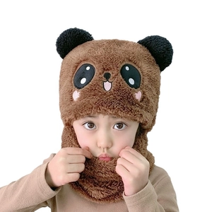 Cute brown plush earflap hat for kids with integrated neck warmer and animal ears