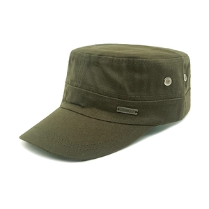 Close-up of army green cotton cadet cap featuring metal eyelets and a side logo plate