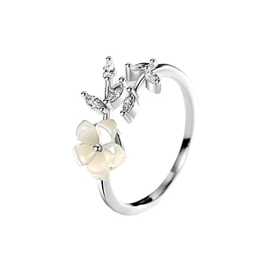 Elegant S925 sterling silver open ring with daisy flower and marquise zircon leaves
